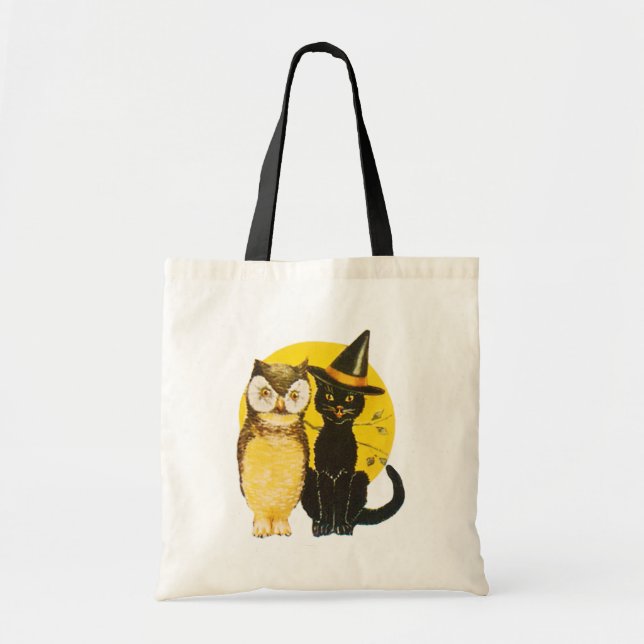 Altmodisches Halloween, Black Cat & Owl Tragetasche (Vorne)