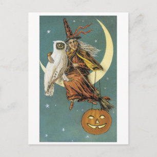 Altmodisches Halloween, Hexe mit Eule Postkarte