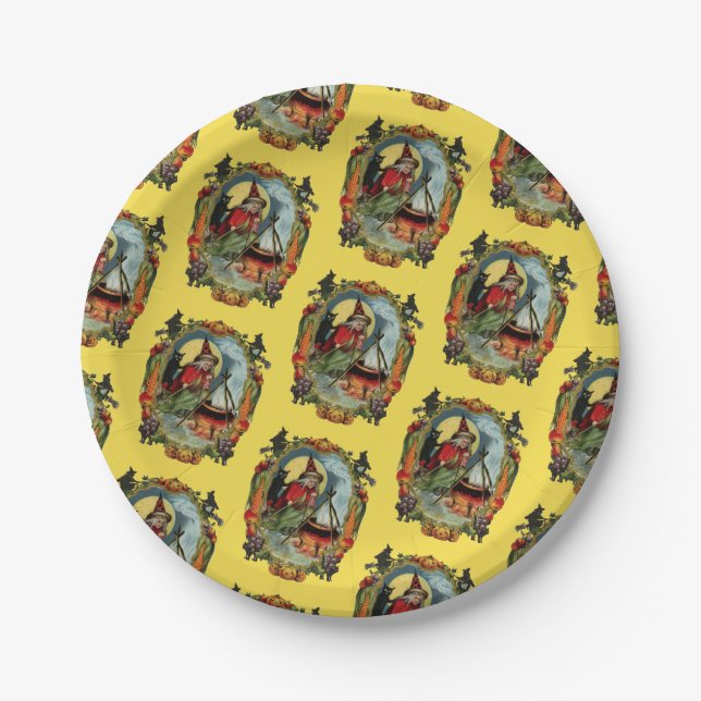 Altmodisches Halloween, Hexe mit schwarzer Katze Pappteller (Vorderseite)