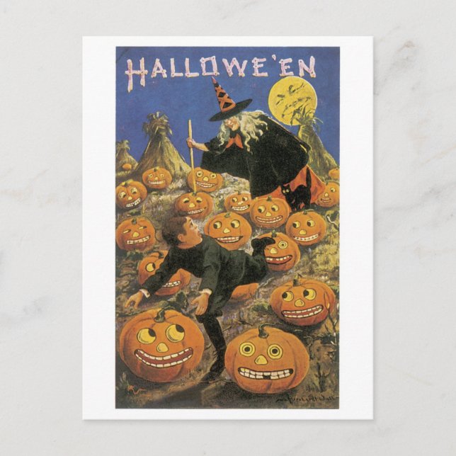 Altmodisches Halloween, Hexe Postkarte (Vorderseite)