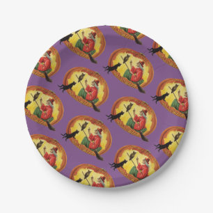 Altmodisches Halloween, Hexe, Schwarze Katze und E Pappteller