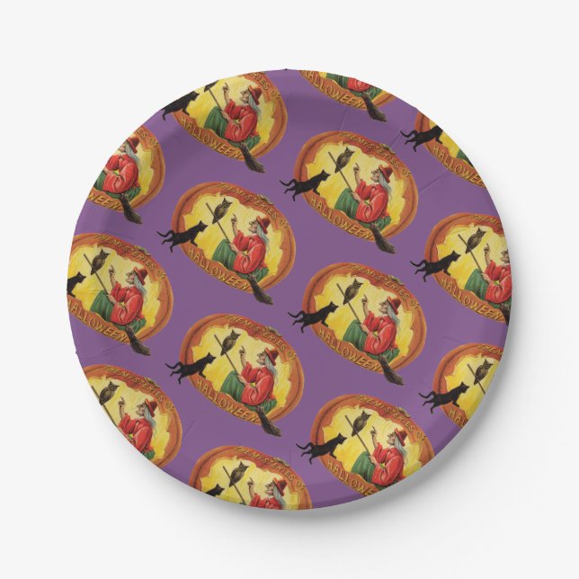 Altmodisches Halloween, Hexe, Schwarze Katze und E Pappteller (Vorderseite)