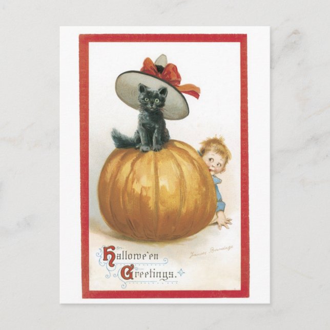 Altmodisches Halloween, Hexenkatze Postkarte (Vorderseite)