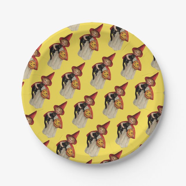 Altmodisches Halloween, Hexenmädchen mit Schwarzer Pappteller (Vorderseite)