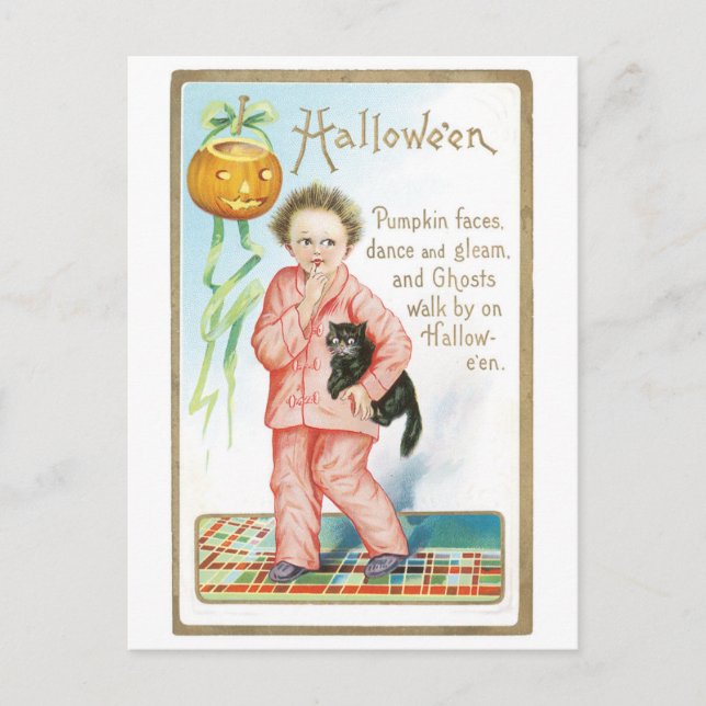 Altmodisches Halloween, Junge mit schwarzer Katze Postkarte (Vorderseite)