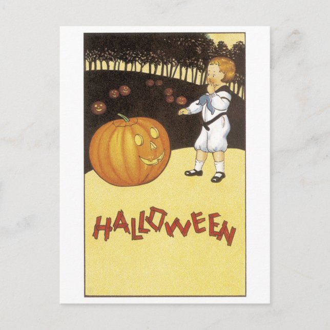 Altmodisches Halloween, Junge trifft Jack-o'-Later Postkarte (Vorderseite)