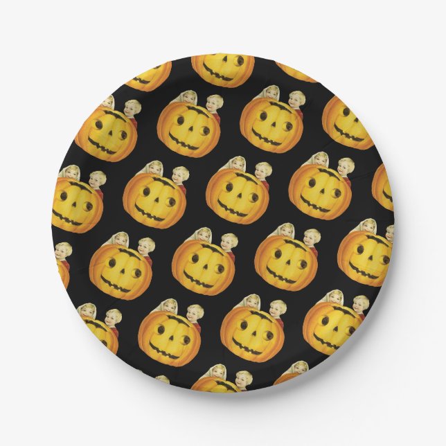 Altmodisches Halloween, Kürbis mit Kindern Pappteller (Vorderseite)