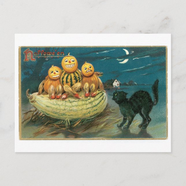 Altmodisches Halloween, Kürbise u. schwarze Katze Postkarte (Vorderseite)