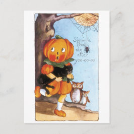 Altmodisches Halloween, Kürbismädchen, Schwarze Ka Postkarte