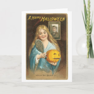 Altmodisches Halloween, Mädchen mit Handspiegel Karte
