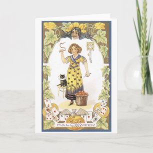 Altmodisches Halloween, Mädchen mit schwarzer Katz Karte