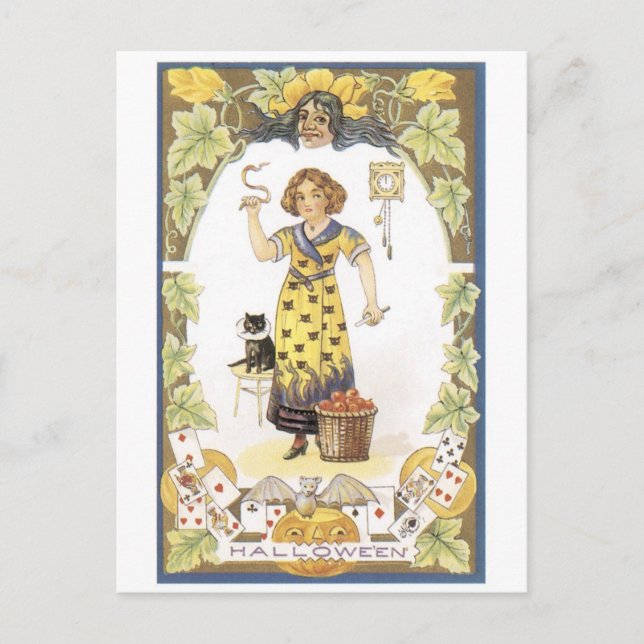 Altmodisches Halloween, Mädchen mit schwarzer Katz Postkarte (Vorderseite)