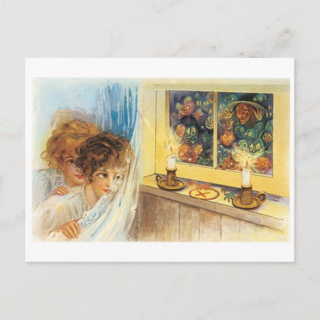 Altmodisches Halloween, Mädchen treffen auf Hexe Postkarte (Vorderseite)