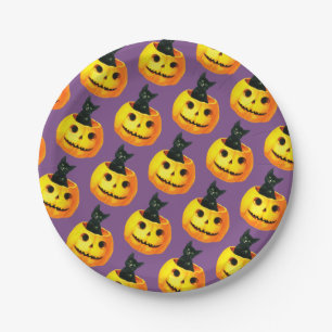 Altmodisches Halloween, Schwarze Katze am Kürbis Pappteller