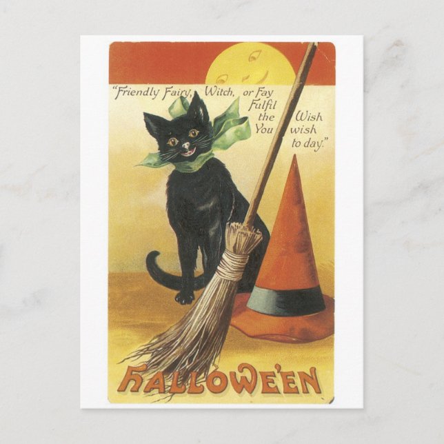 Altmodisches Halloween, Schwarze Katze Postkarte (Vorderseite)