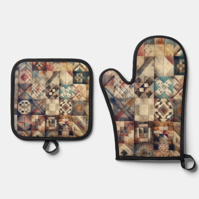 Altmodisches Patchwork Quilt Design Ofenhandschuh & Topflappen-Set (Vorderseite)