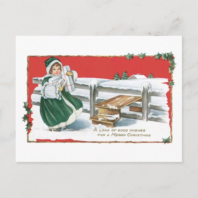 Altmodisches Weihnachten, Mädchen Feiertagspostkarte (Vorderseite)