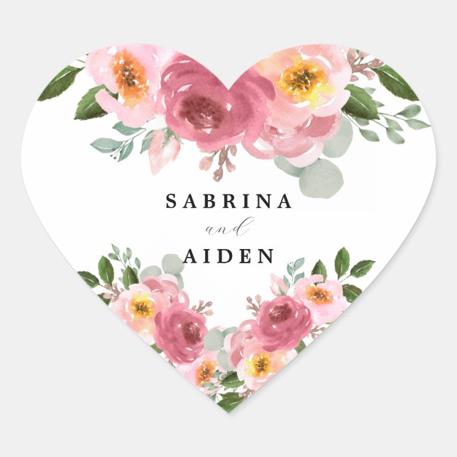 Altrosa | Blush Pink Floral Wedding Herz-Aufkleber (Vorderseite)