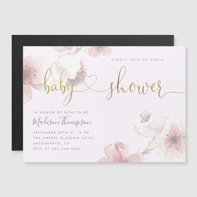 Altrosa | Cherry Blossom Gold Floral Baby Dusche Magneteinladung (Vorne/Hinten)