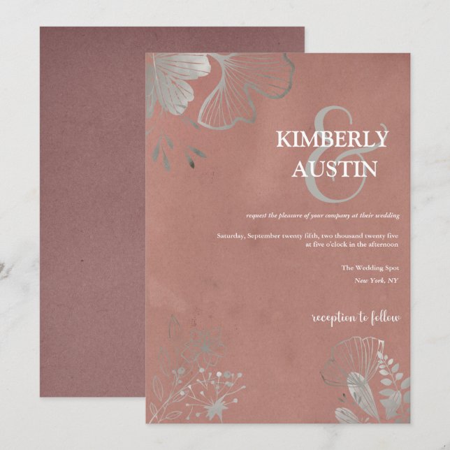 Altrosa | Einladung zur Hochzeit von Silver Floral (Vorne/Hinten)