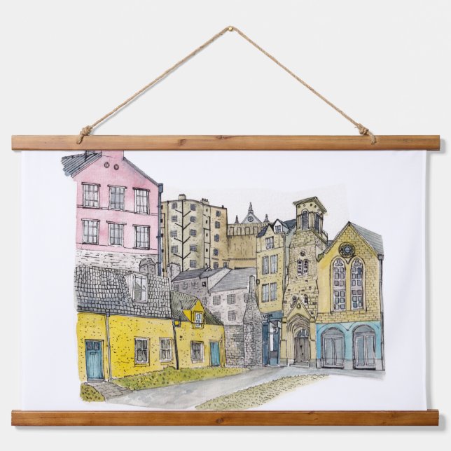 Altstadt Edinburgh Aquarelle Wandteppich Mit Holzrahmen (Vorne)