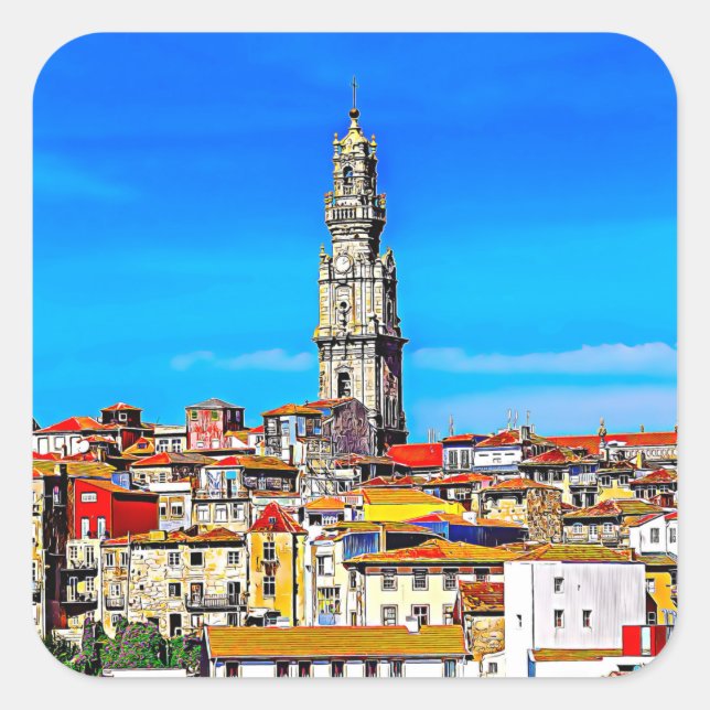 Altstadt Porto mit Turm Clerigos Quadratischer Aufkleber (Vorderseite)