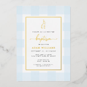 Aluminium Bunny Blue En vichy Baptême Gold Foil Invitation