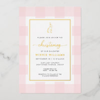Bunny Pink En vichy Christening Foil Invitation