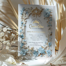 Élégante invitation de Quinceañera bleue et or en