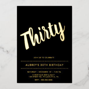 Aluminium Invitation anniversaire 30 ans en feuille d'or noi