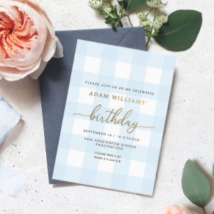 Aluminium Invitation anniversaire en papier gingham bleu ave