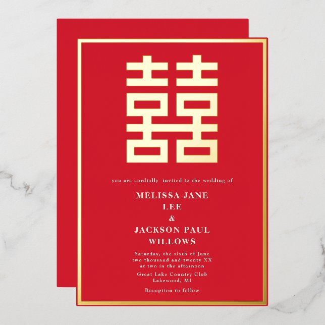 Aluminium Invitation de mariage chinoise en feuille d'or Dou (Recto/Verso)