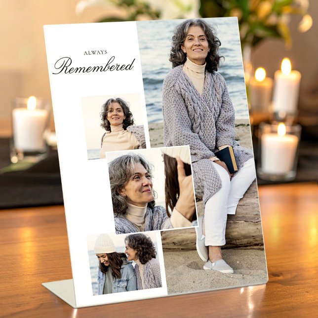 Always Remembered — Modern Memorial Photo Collage Sockelschild (Always Remembered — Modern Memorial Photo Collage Pedestal Sign, Loss of Mom Gift)