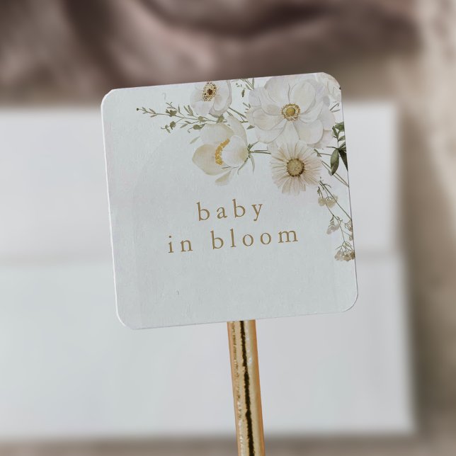 ALYSSA Floral Boho Baby in Bloom Baby Dusche Quadratischer Aufkleber (ALYSSA Floral Boho Baby In Bloom Baby Shower Square Sticker)