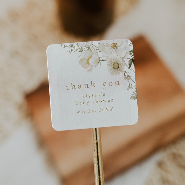 ALYSSA Floral Boho Blume Babydusche Vielen Dank Quadratischer Aufkleber (ALYSSA Floral Boho Flower Baby Shower Thank You Square Sticker)