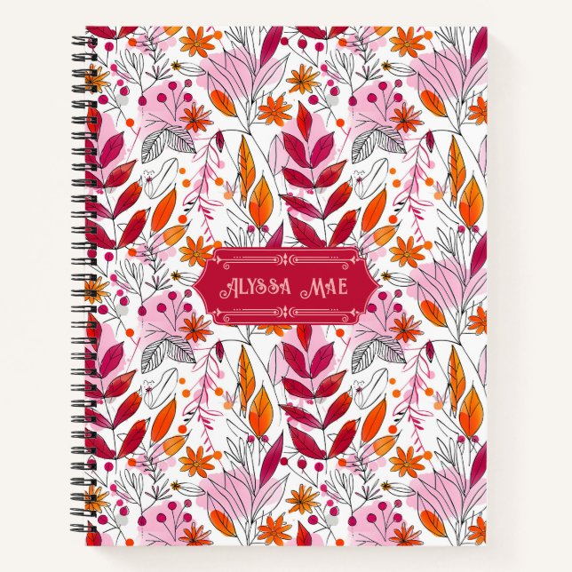 Alyssa Mae Pink und Orange Foliage Deluxe Notizbuch (Vorderseite)