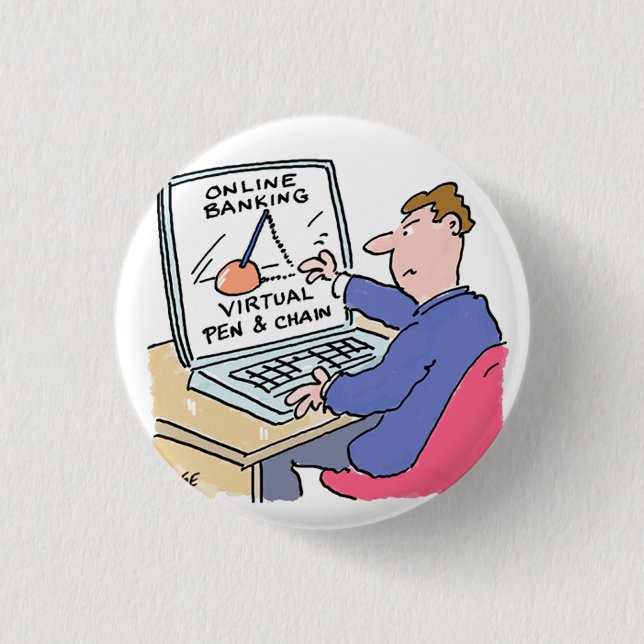 Am Computer Online Banking Funny Cartoon Button (Vorderseite)