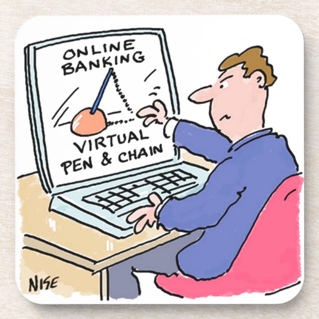 Am Computer Online Banking Funny Cartoon Getränkeuntersetzer (Vorderseite)