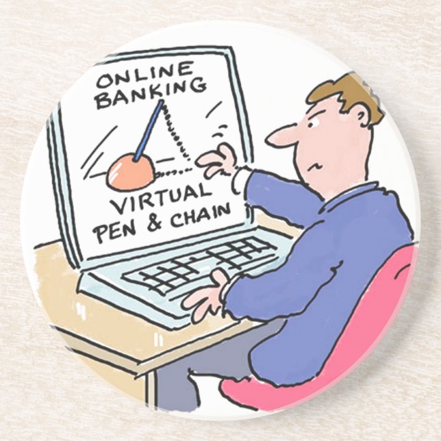 Am Computer Online Banking Funny Cartoon Getränkeuntersetzer (Vorne)