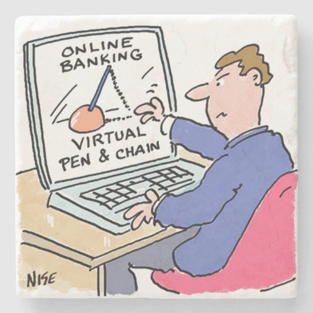 Am Computer Online Banking Funny Cartoon Steinuntersetzer (Vorderseite)