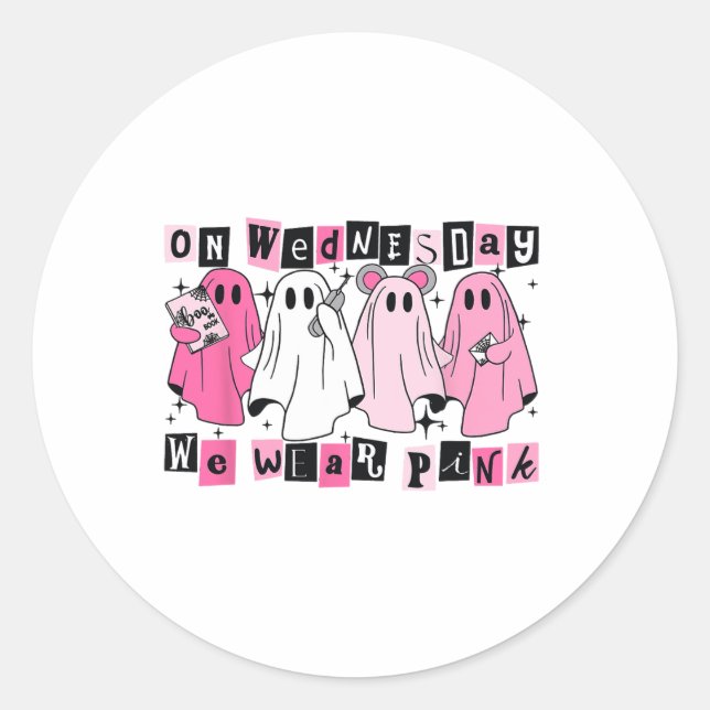 Am Mittwoch tragen wir Niedliches Pink Ghost Hallo Runder Aufkleber (Vorderseite)