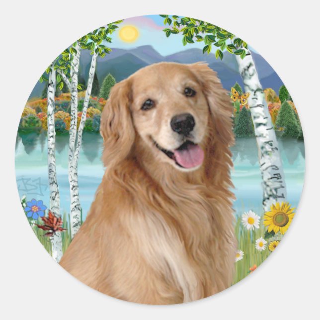 Am See - Golden Retriever Runder Aufkleber (Vorderseite)