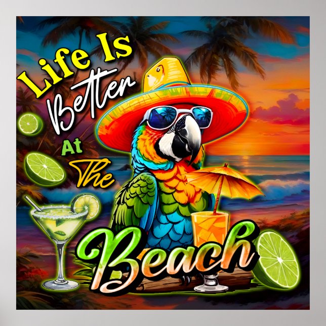 Am Strand gibt es einen tropischen Papagei. Poster (Vorne)