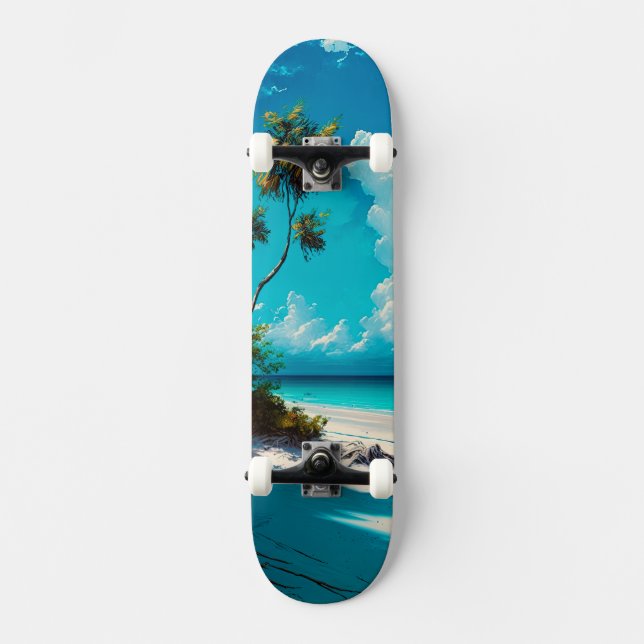 Am Strand - weißer Sand und blauer Himmel Skateboard (Vorderseite)