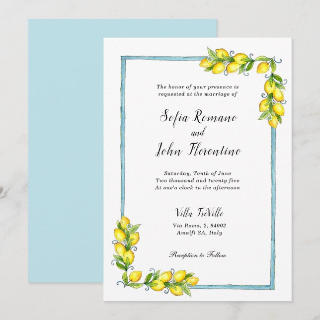 Amalfi Aquarell Lemons Vintage Hochzeit Ankündigung (Vorne/Hinten)