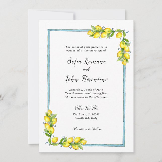 Amalfi Aquarell Lemons Vintage Hochzeit Einladung (Vorderseite)