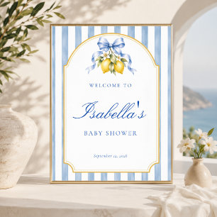 Amalfi Blau gestreifter Lemon Baby Shower Willkomm Poster