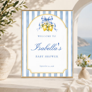 Amalfi Blau gestreifter Lemon Baby Shower Willkomm Poster