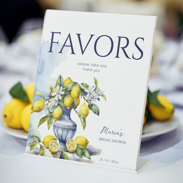 Amalfi Blaue Vase Zitronen bevorzugen Zeichen Sockelschild (Amalfi Italian blue ceramics vase with lemons wedding bridal shower favors table sign table decor)