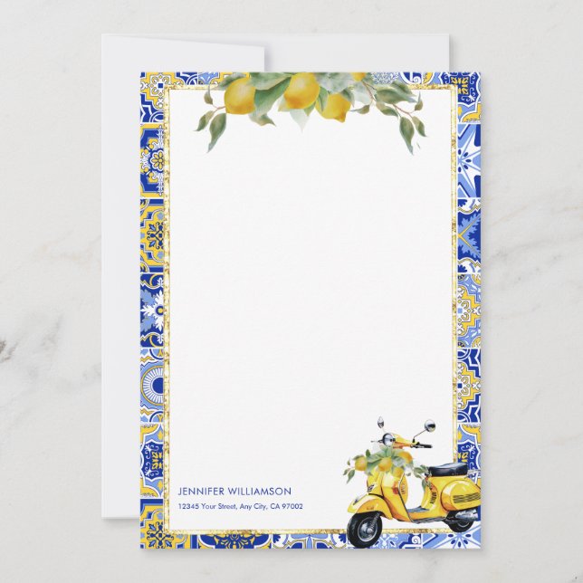 Amalfi Blue Tile Italian Scooter Lemons Notecard Einladung (Vorderseite)
